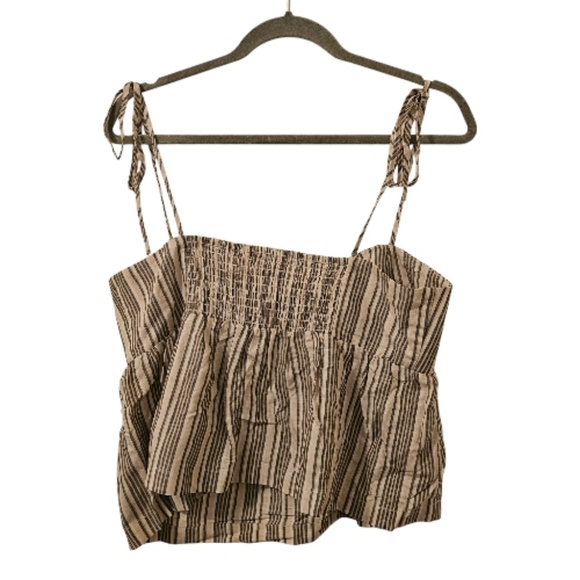 Beige and Grey Dynamite Women's Stripe Linen Peplum Cami - Picture 2 of 8